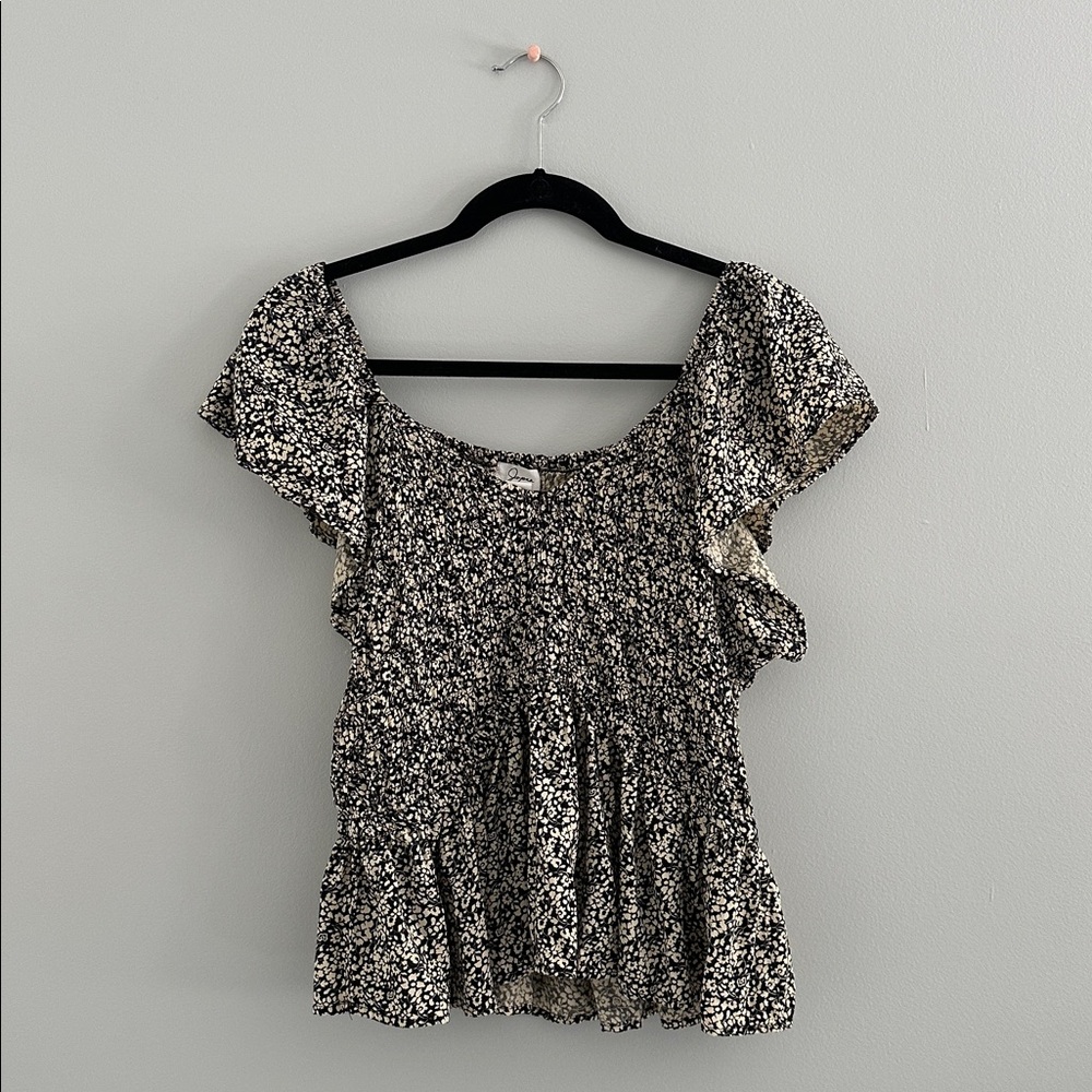 Japna Black and Beige Floral Peplum Top Size XL
